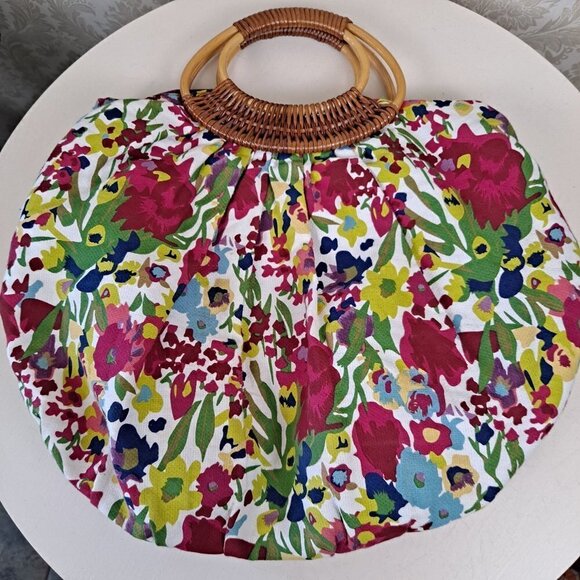 Bamboo Double Rattan Wrapped Handled Colorful Floral Print Round Cotton Bag - Picture 5 of 12